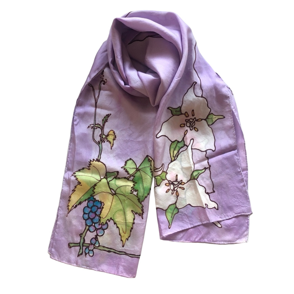 Vintage 90s Lavender Handmade White Trillium Silk Scarf Rectangle Rolled Edge